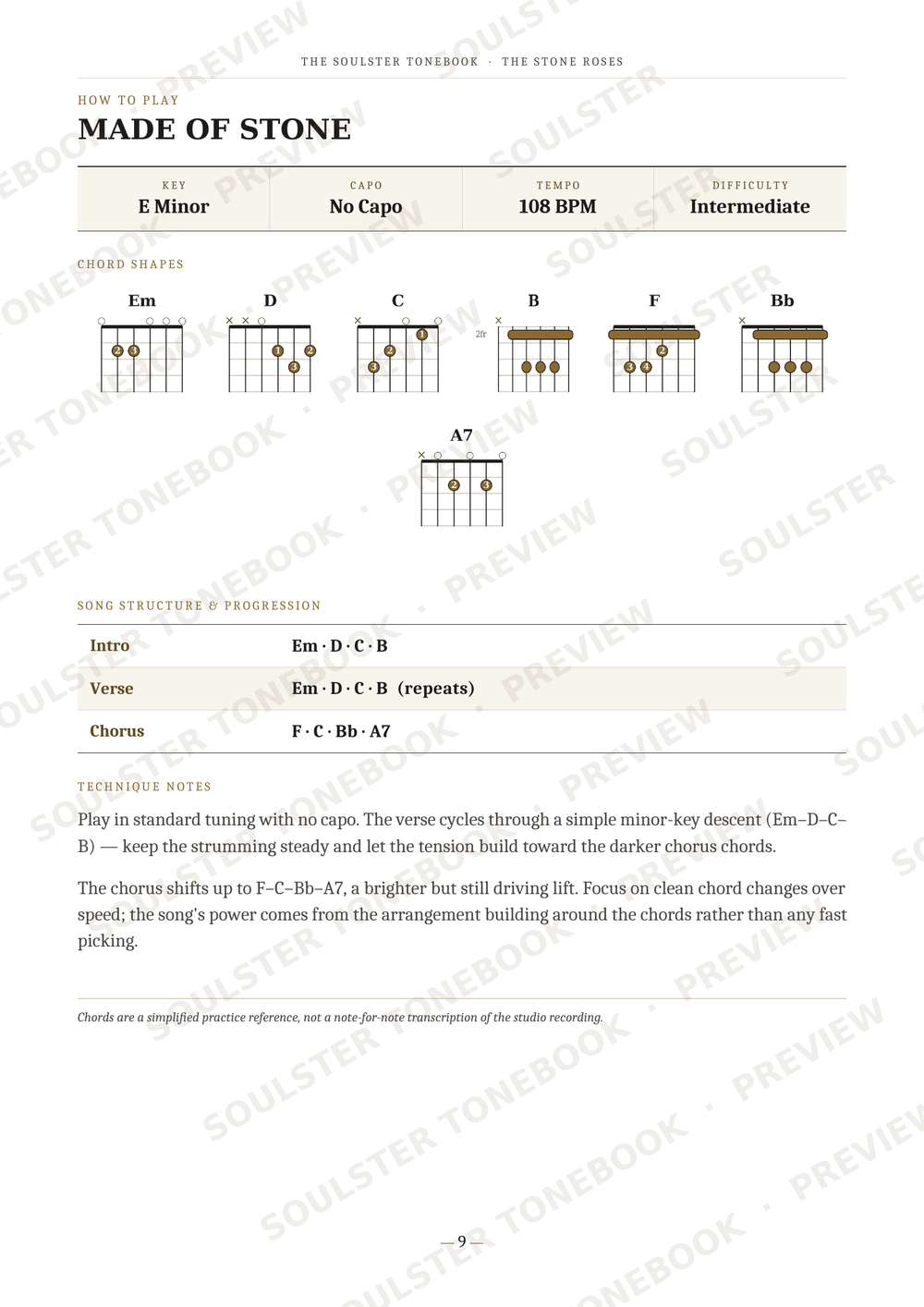 A guitar chord chart page titled 'MADE OF STONE' from The Soulful Tangent, showing chord diagrams for E Minor, D, C, B, F, and Eb, along with strumming patterns and lyrics.