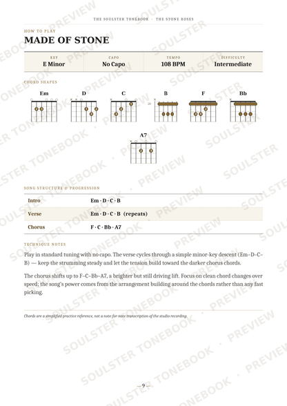 A guitar chord chart page titled 'MADE OF STONE' from The Soulful Tangent, showing chord diagrams for E Minor, D, C, B, F, and Eb, along with strumming patterns and lyrics.