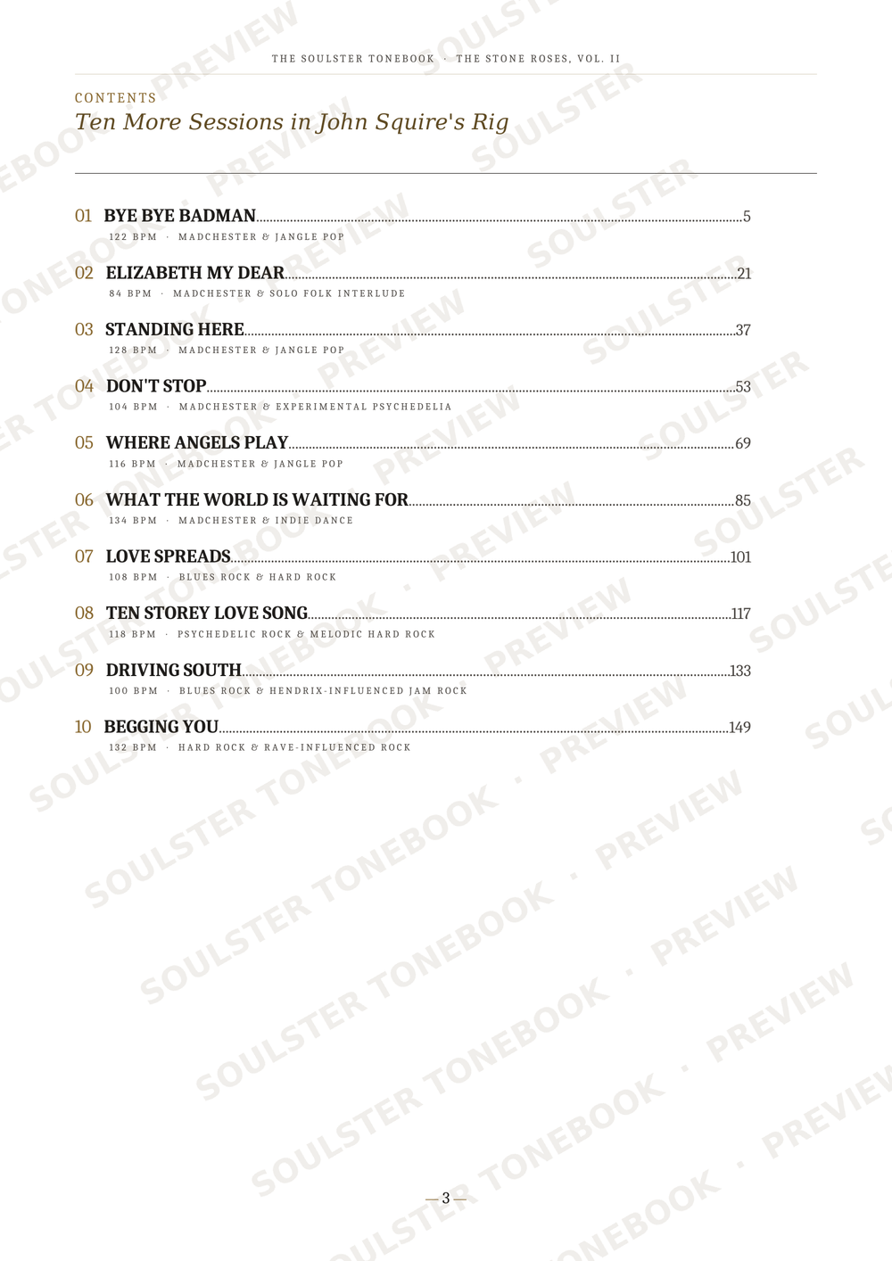 A printed table of contents page from 'The Collected Songs - The Other Book, Vol. II' titled 'Ten More Sessions in John Squire's Rig'.