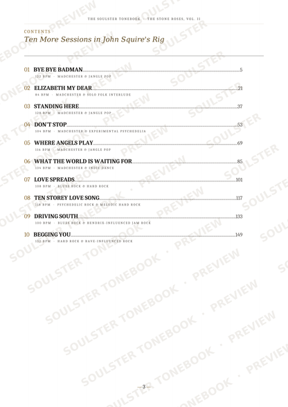 A printed table of contents page from 'The Collected Songs - The Other Book, Vol. II' titled 'Ten More Sessions in John Squire's Rig'.