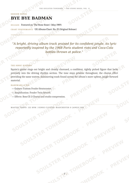 A single printed page from a music book or album liner notes, with black text on a white page and repeated diagonal Soulzter TONEBOOK watermarks across the page. The page prominently features the title 'BYE BYE BADMAN' and several paragraphs of descriptive text.