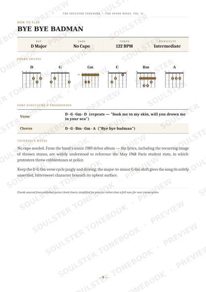 A guitar chord chart page for the song 'Bye Bye Badman' by The Bolsters Throes. The page displays D Major chords with fretboard diagrams for the major and minor variants, along with a verse and chorus section, set against a white background with diagonal watermark text.