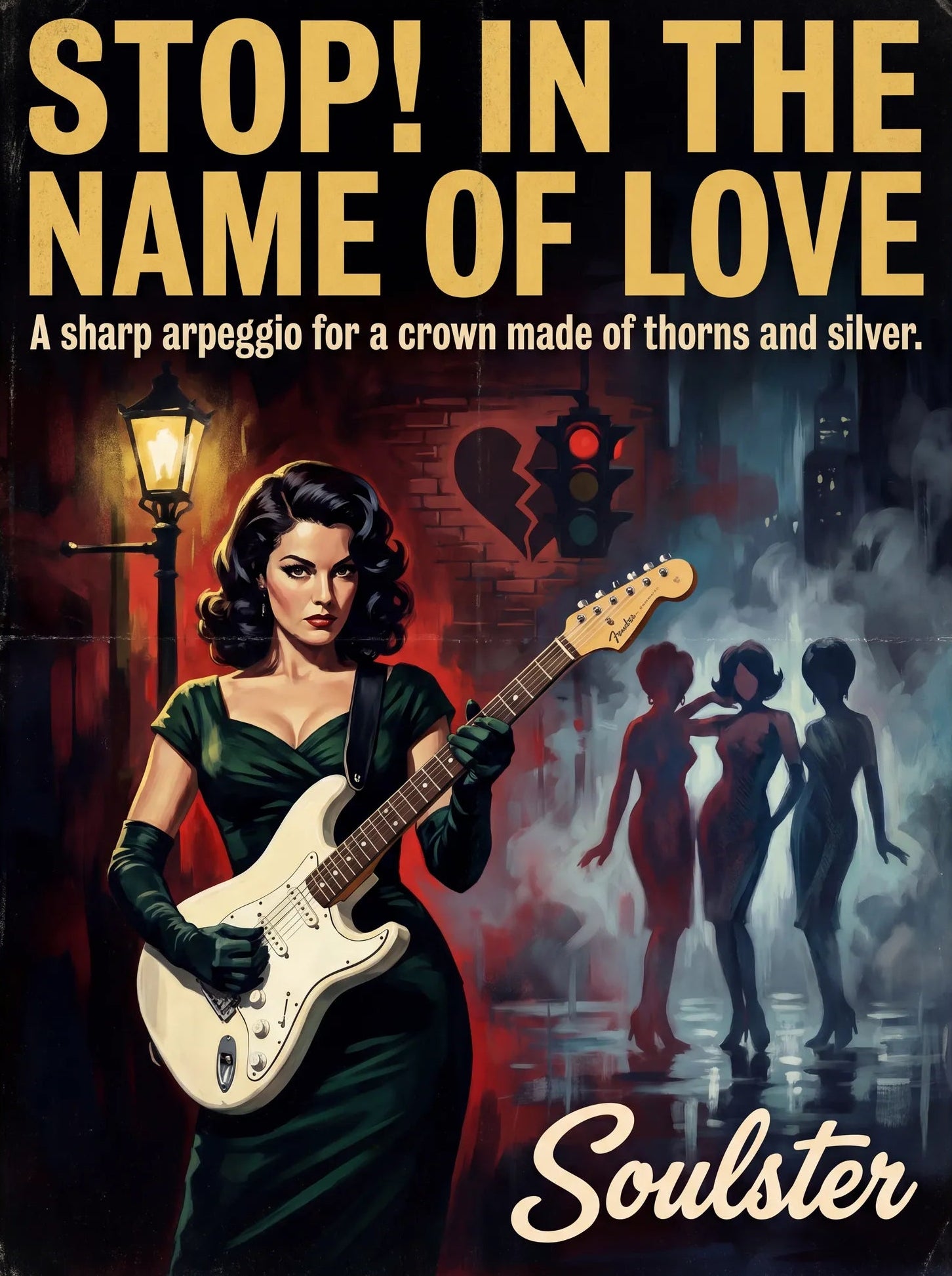 Soulster cinematic vintage pulp book cover art print illustration styled in a classic 1950s design layout inspired by Stop! In The Name Of Love.