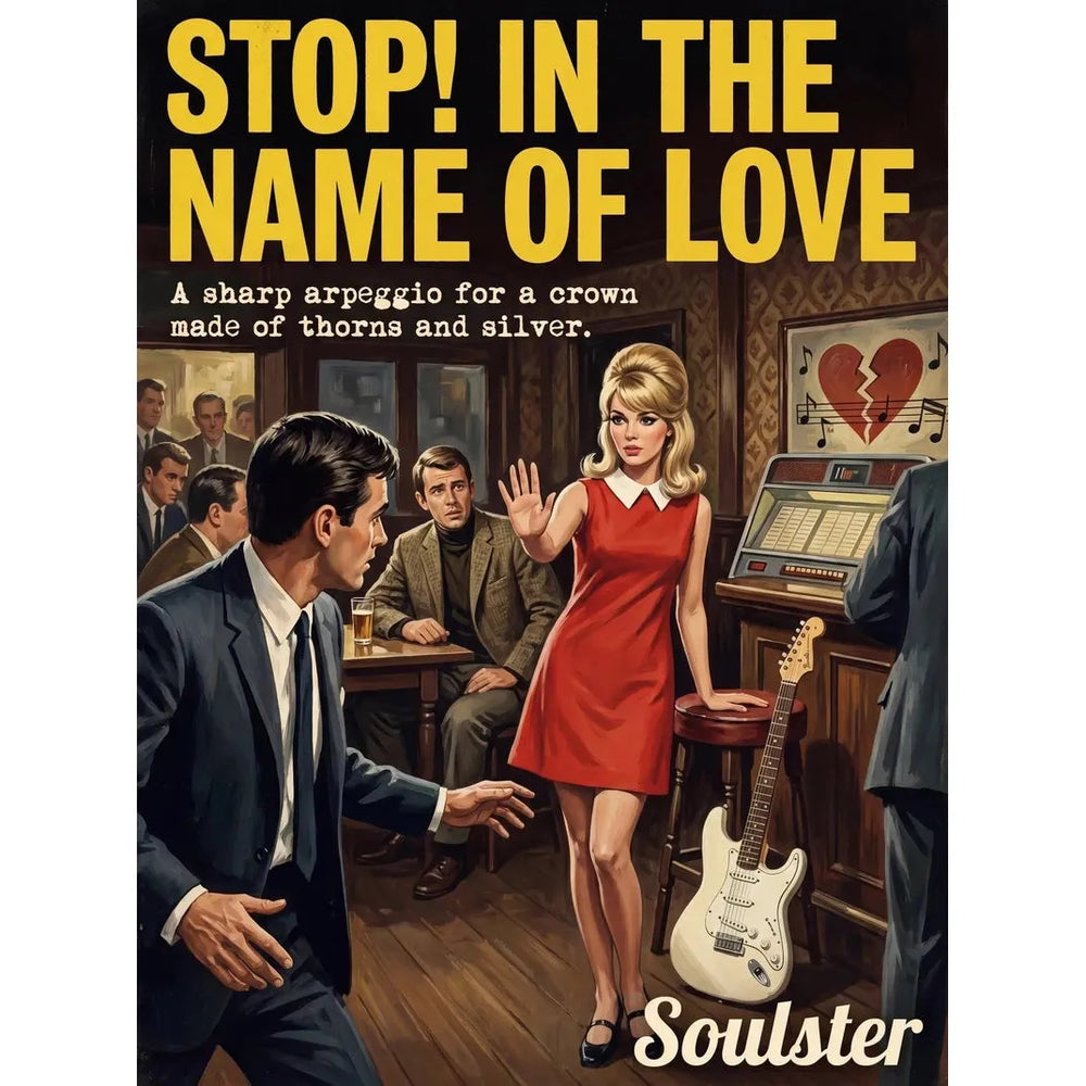 Soulster cinematic vintage pulp book cover art print illustration styled in a classic 1960s design layout inspired by Stop! In The Name Of Love.