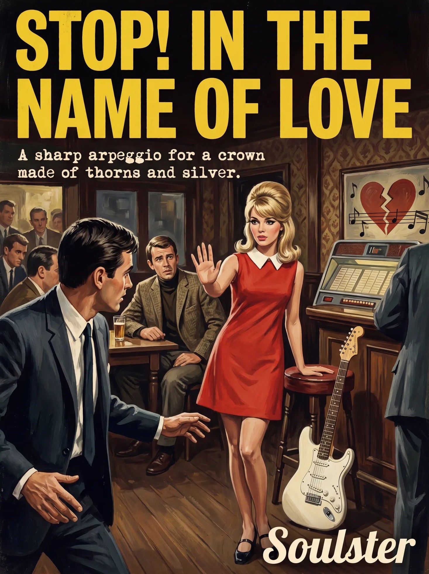 Soulster cinematic vintage pulp book cover art print illustration styled in a classic 1960s design layout inspired by Stop! In The Name Of Love.