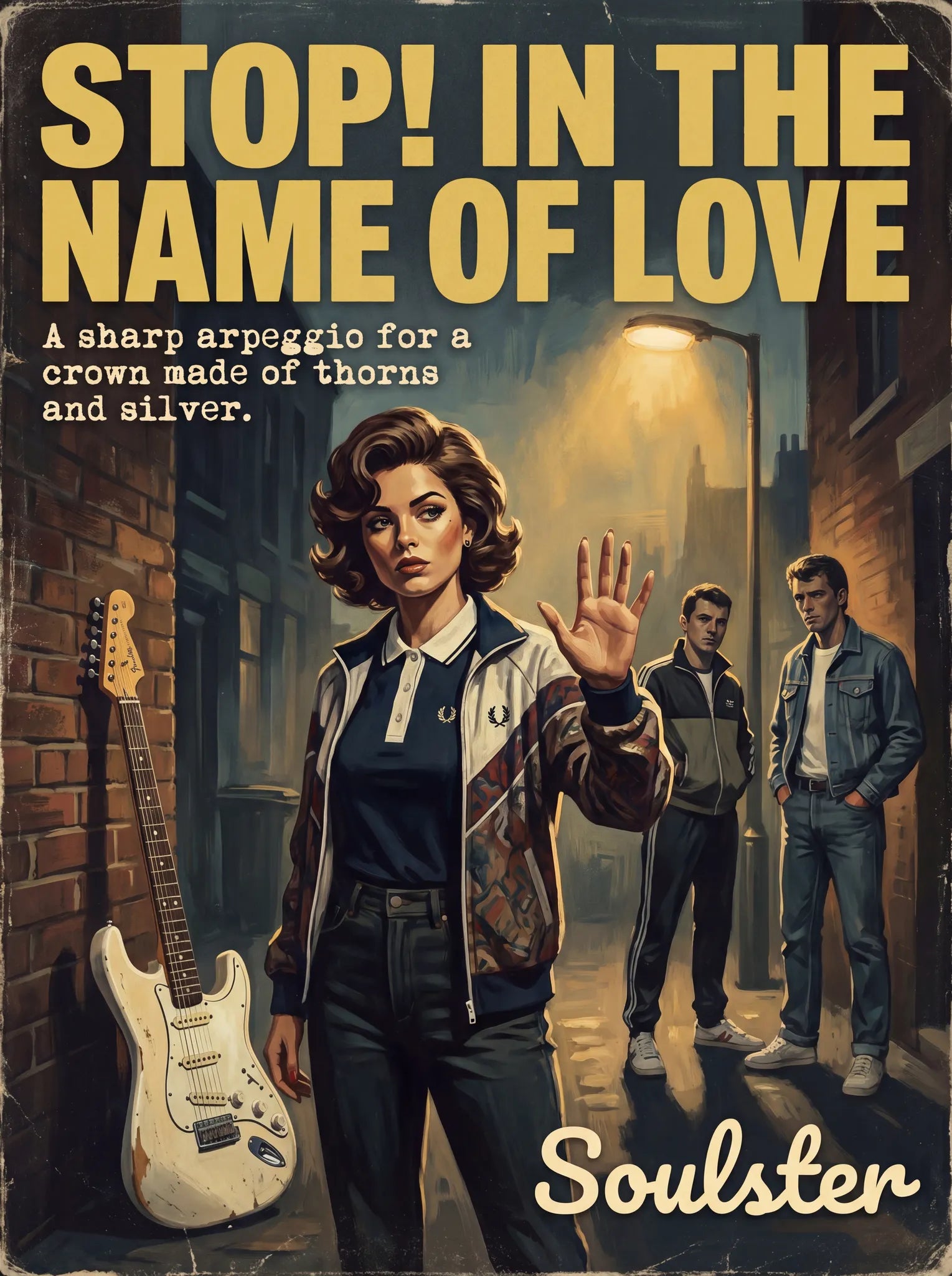 Soulster retro pulp thriller book cover style art print illustration inspired by Alternative Indie - Stop! In The Name Of Love.