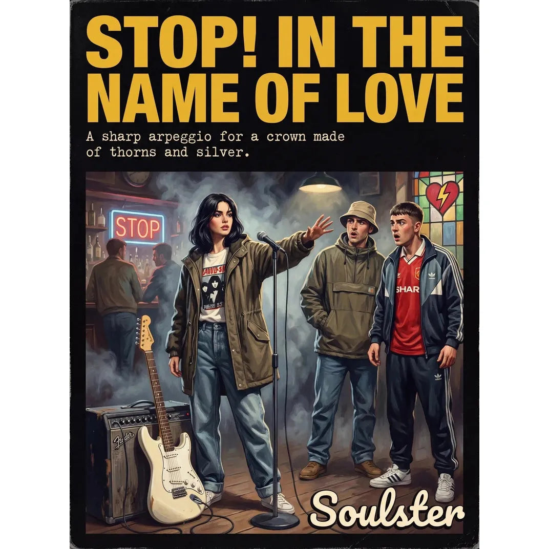 Soulster cinematic vintage pulp book cover art print illustration styled in a classic 1990s theme inspired by Stop! In The Name Of Love.