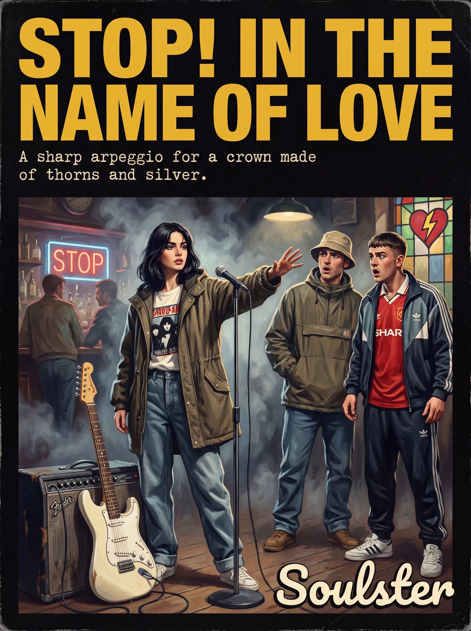 Soulster cinematic vintage pulp book cover art print illustration styled in a classic 1990s theme inspired by Stop! In The Name Of Love.