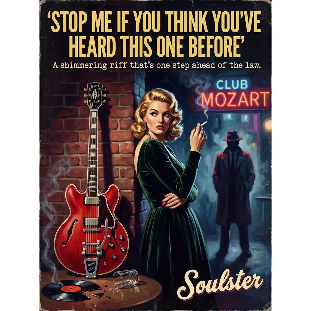 Soulster cinematic vintage pulp book cover art print illustration styled in a classic 1950s design layout inspired by Stop Me If You Think You've Heard This One Before.