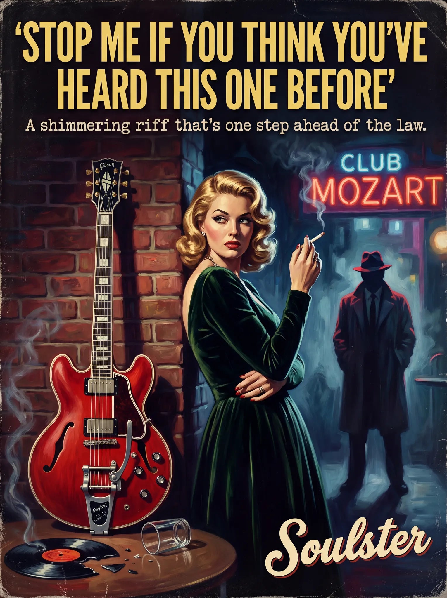 Soulster cinematic vintage pulp book cover art print illustration styled in a classic 1950s design layout inspired by Stop Me If You Think You've Heard This One Before.