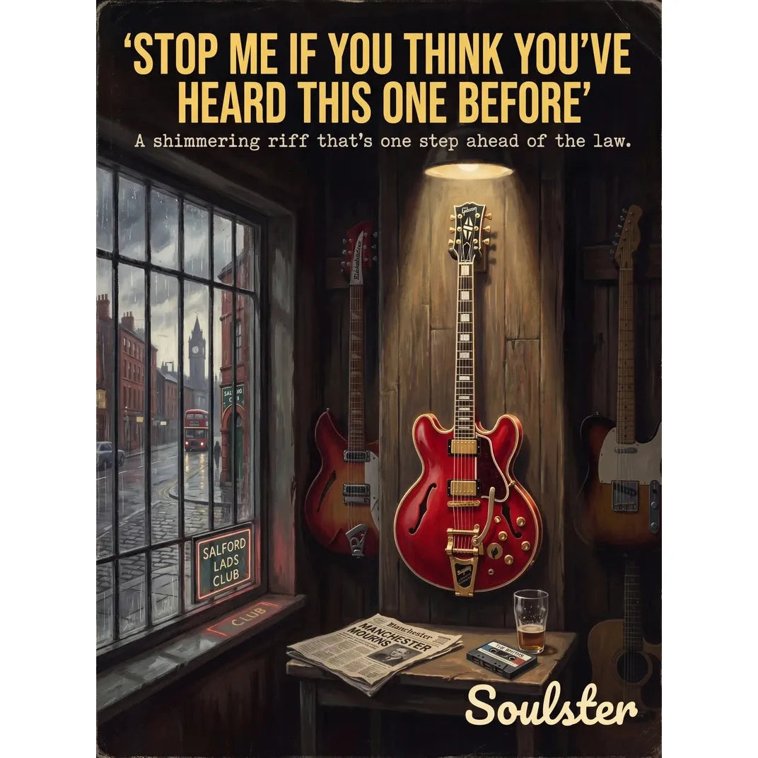 Soulster Manchester Edition wall art print showing a cinematic pulp style design of a Gibson ES-355 Custom inspired by Stop Me If You Think You've Heard This One Before.