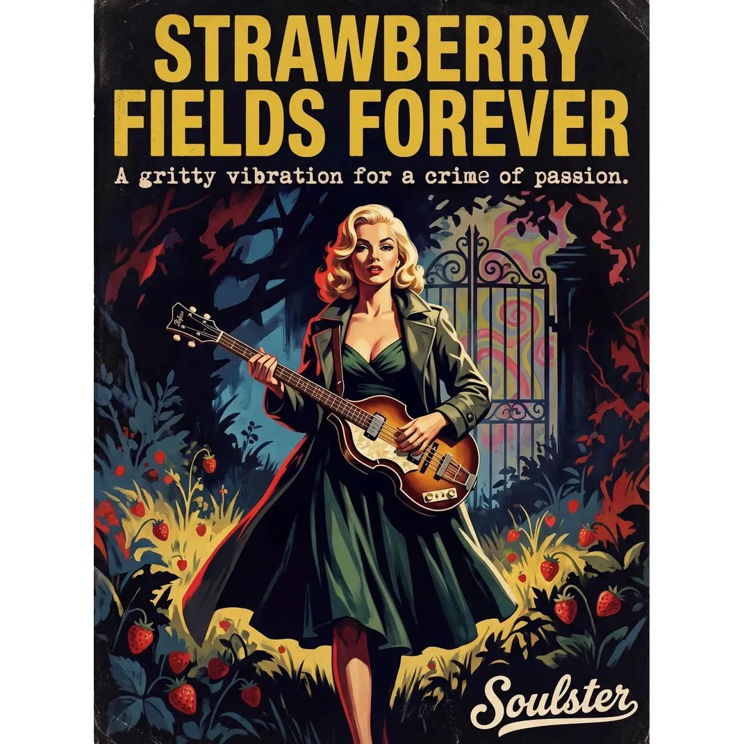 Soulster cinematic vintage pulp book cover art print illustration styled in a classic 1950s design layout inspired by Strawberry Fields Forever.