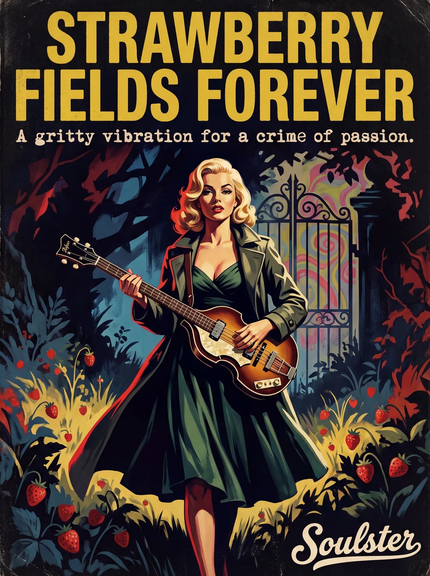 Soulster cinematic vintage pulp book cover art print illustration styled in a classic 1950s design layout inspired by Strawberry Fields Forever.