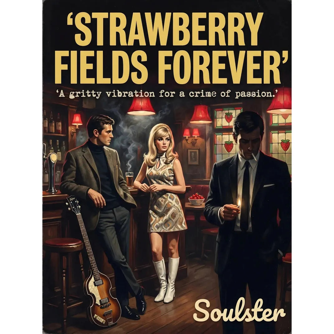 Soulster cinematic vintage pulp book cover art print illustration styled in a classic 1960s design layout inspired by Strawberry Fields Forever.