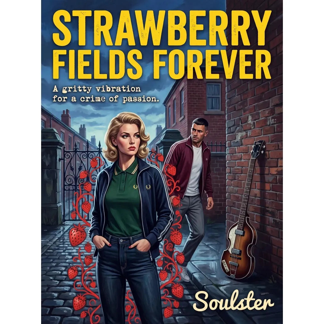 Soulster retro pulp thriller book cover style art print illustration inspired by The Beatles - Strawberry Fields Forever.