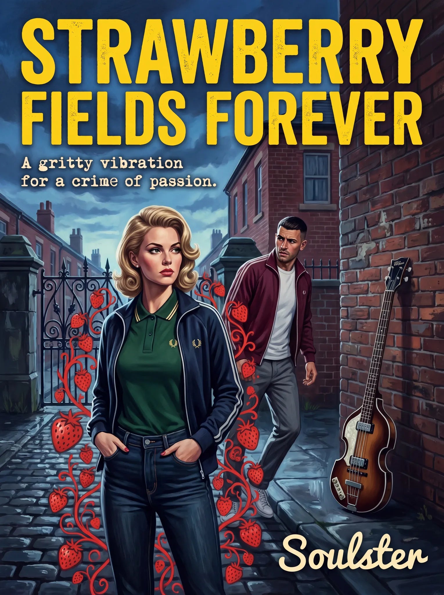 Soulster retro pulp thriller book cover style art print illustration inspired by The Beatles - Strawberry Fields Forever.