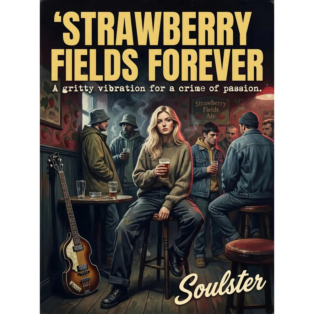 Soulster cinematic vintage pulp book cover art print illustration styled in a classic 1990s design layout inspired by Strawberry Fields Forever.