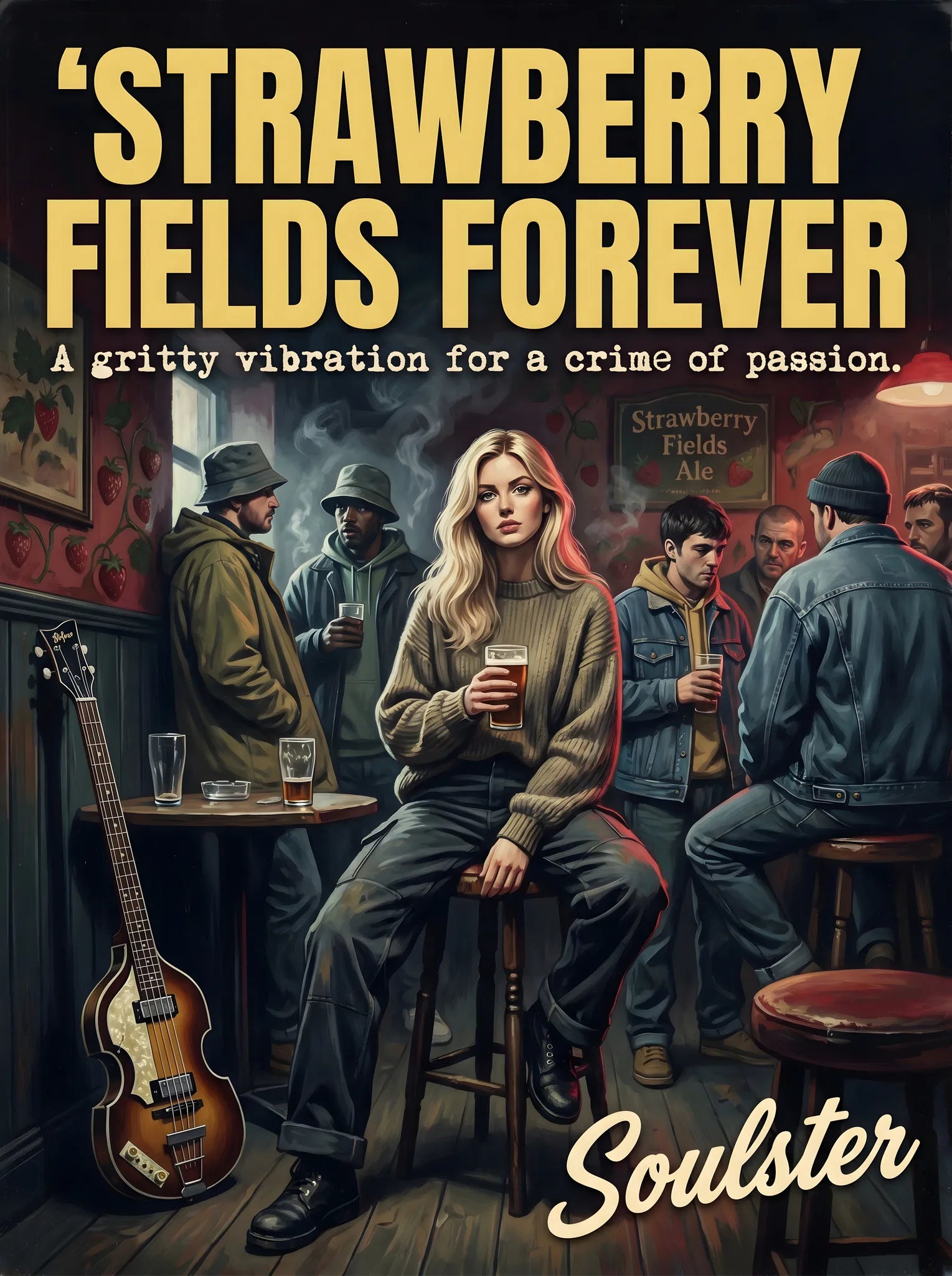 Soulster cinematic vintage pulp book cover art print illustration styled in a classic 1990s design layout inspired by Strawberry Fields Forever.