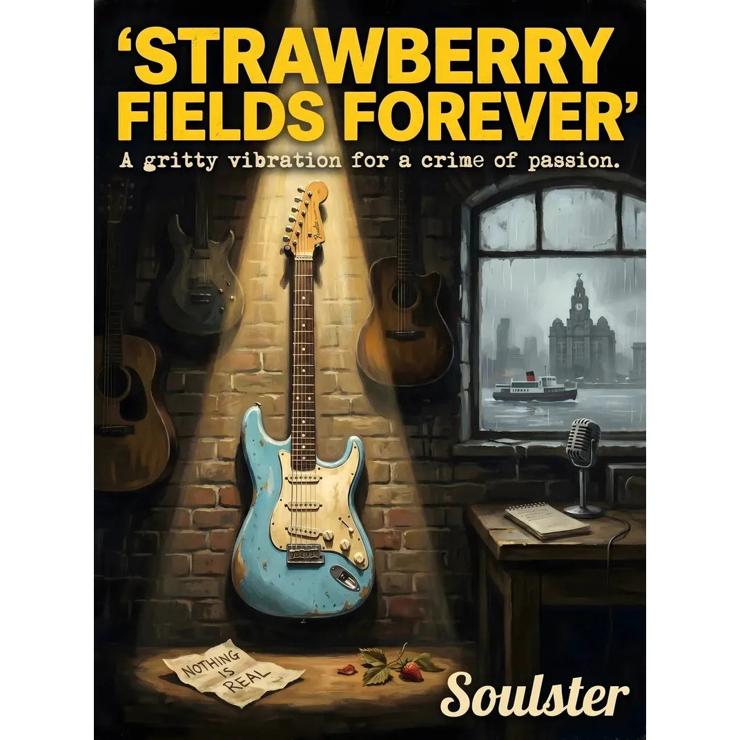 Soulster Manchester Edition wall art print showing a cinematic pulp style design of a Vintage Guitar inspired by Strawberry Fields Forever - Liverpool.