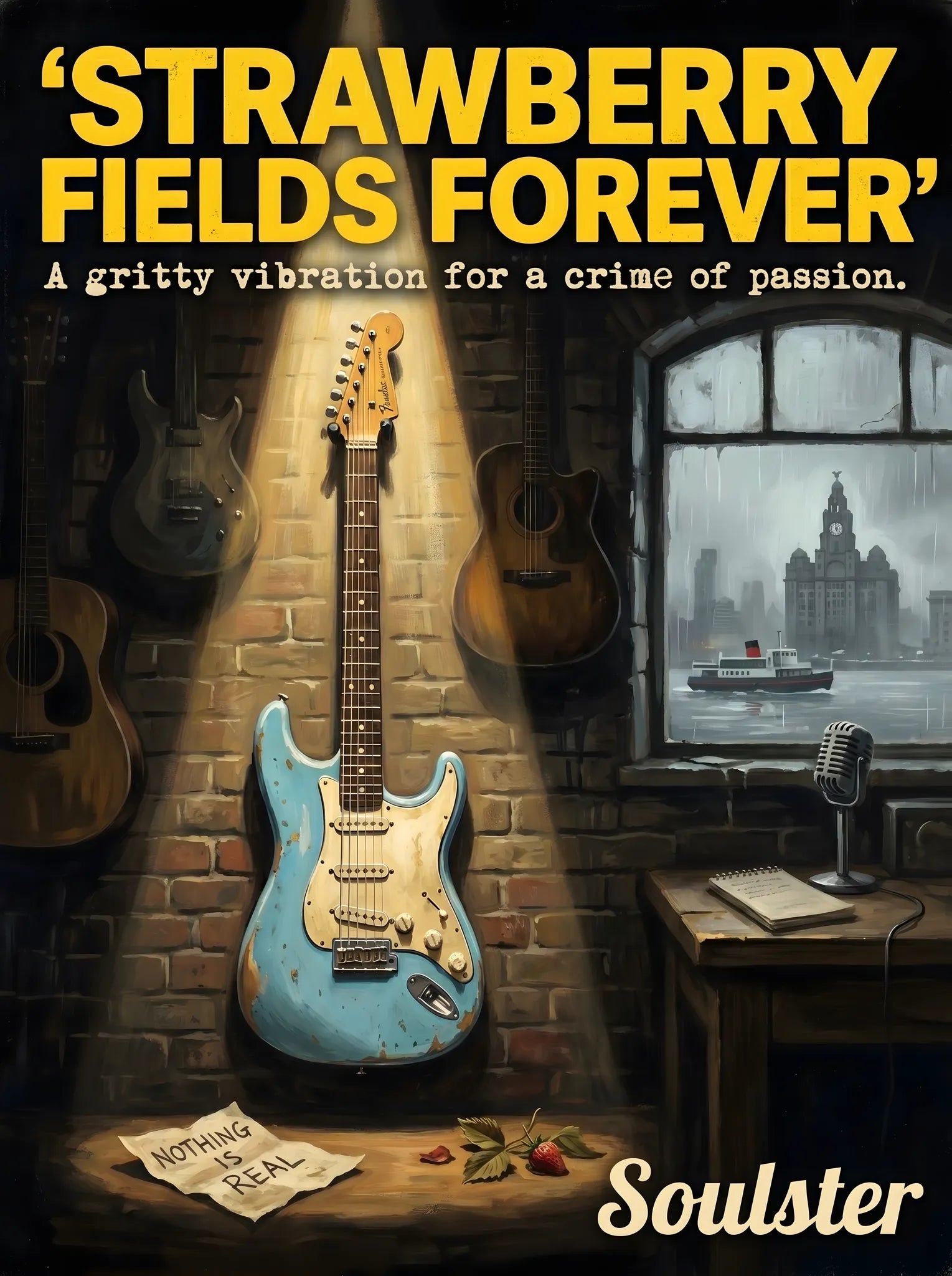 Soulster Manchester Edition wall art print showing a cinematic pulp style design of a Vintage Guitar inspired by Strawberry Fields Forever - Liverpool.