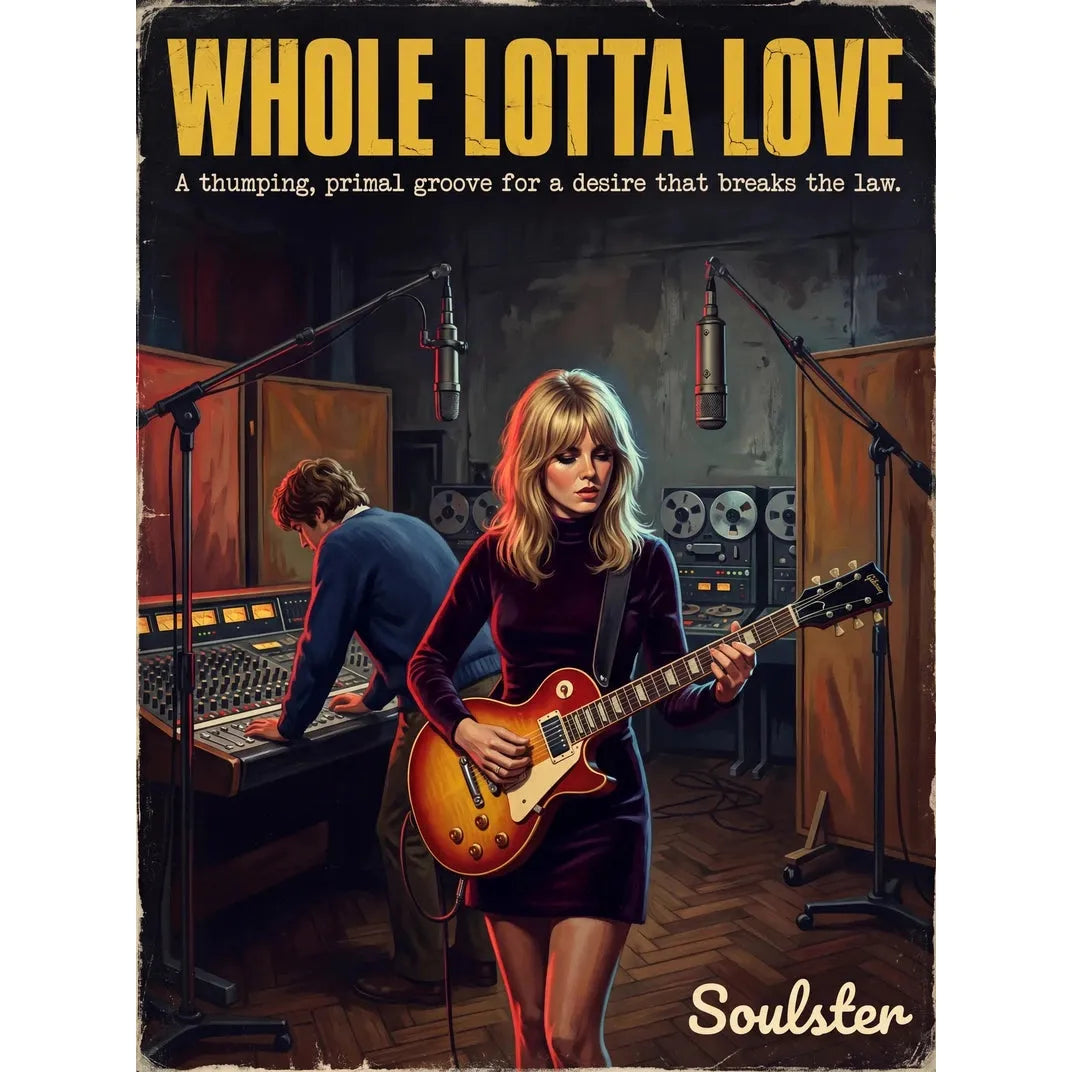 Premium Soulster studio wall art print featuring a mid-century vintage book cover aesthetic inspired by Led Zeppelin - Whole Lotta Love.