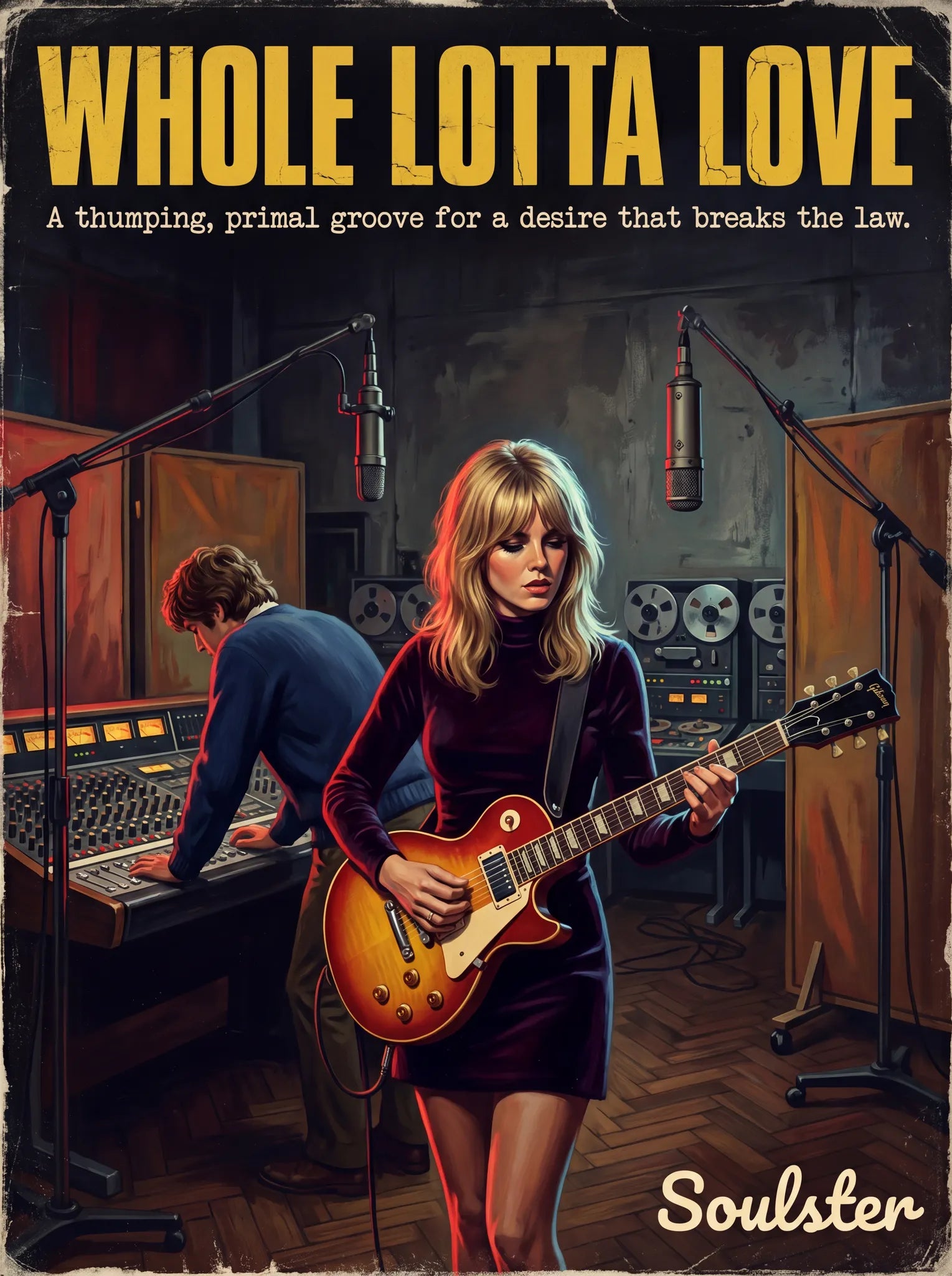 Premium Soulster studio wall art print featuring a mid-century vintage book cover aesthetic inspired by Led Zeppelin - Whole Lotta Love.