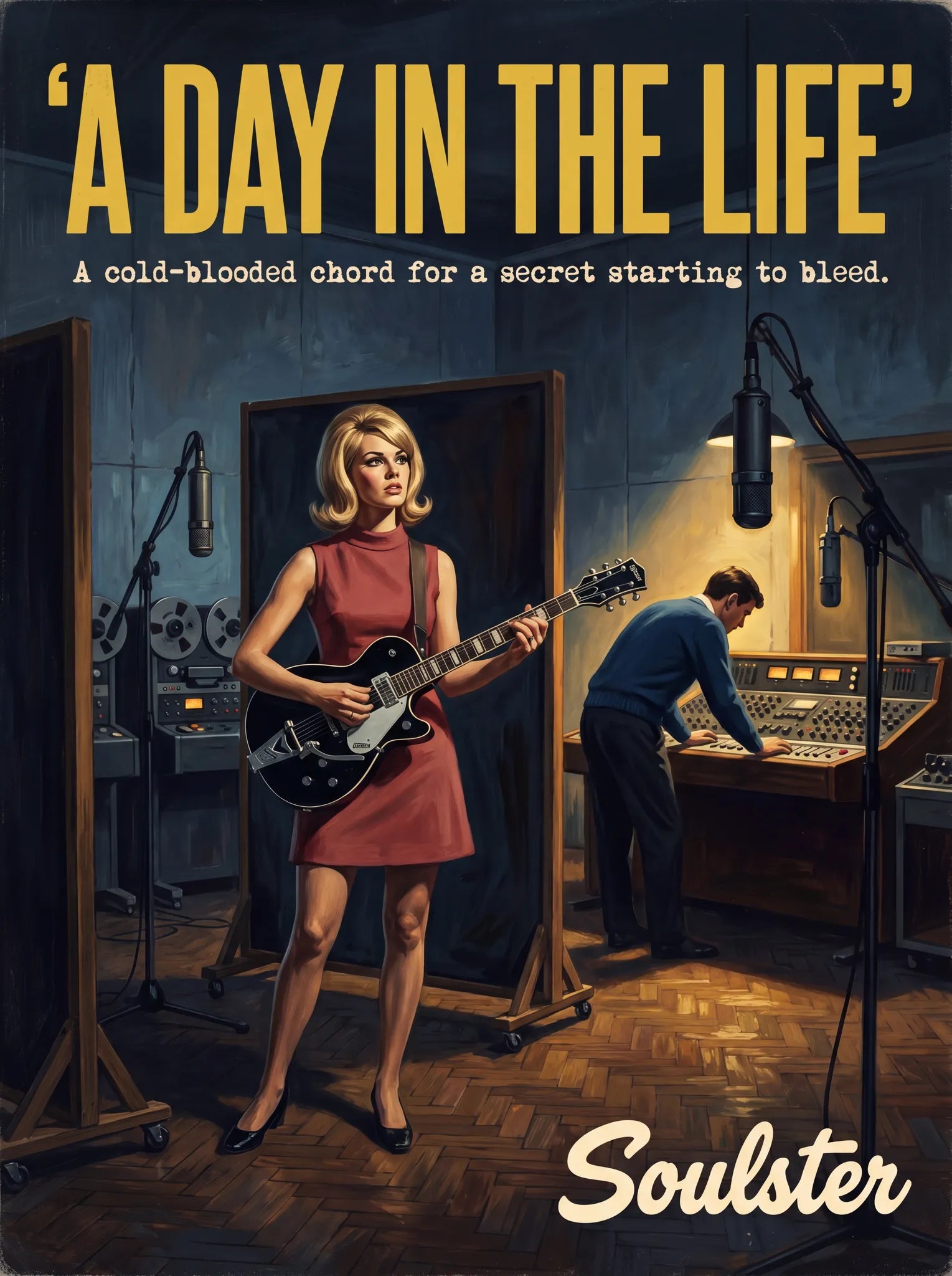 Premium Soulster studio wall art print featuring a mid-century vintage book cover aesthetic inspired by The Beatles - A Day In The Life.