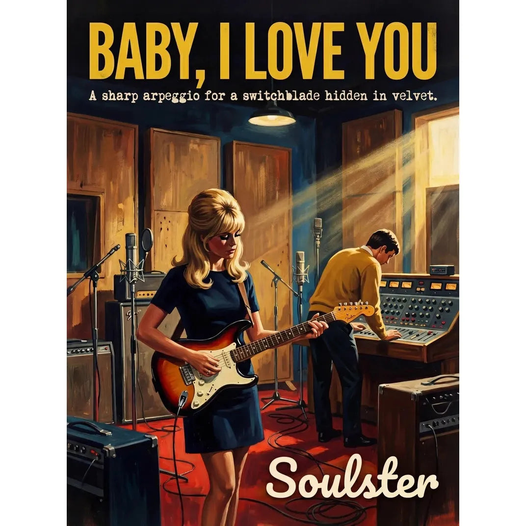 Premium Soulster studio wall art print featuring a mid-century vintage book cover aesthetic inspired by Alternative Indie - Baby, I Love You.