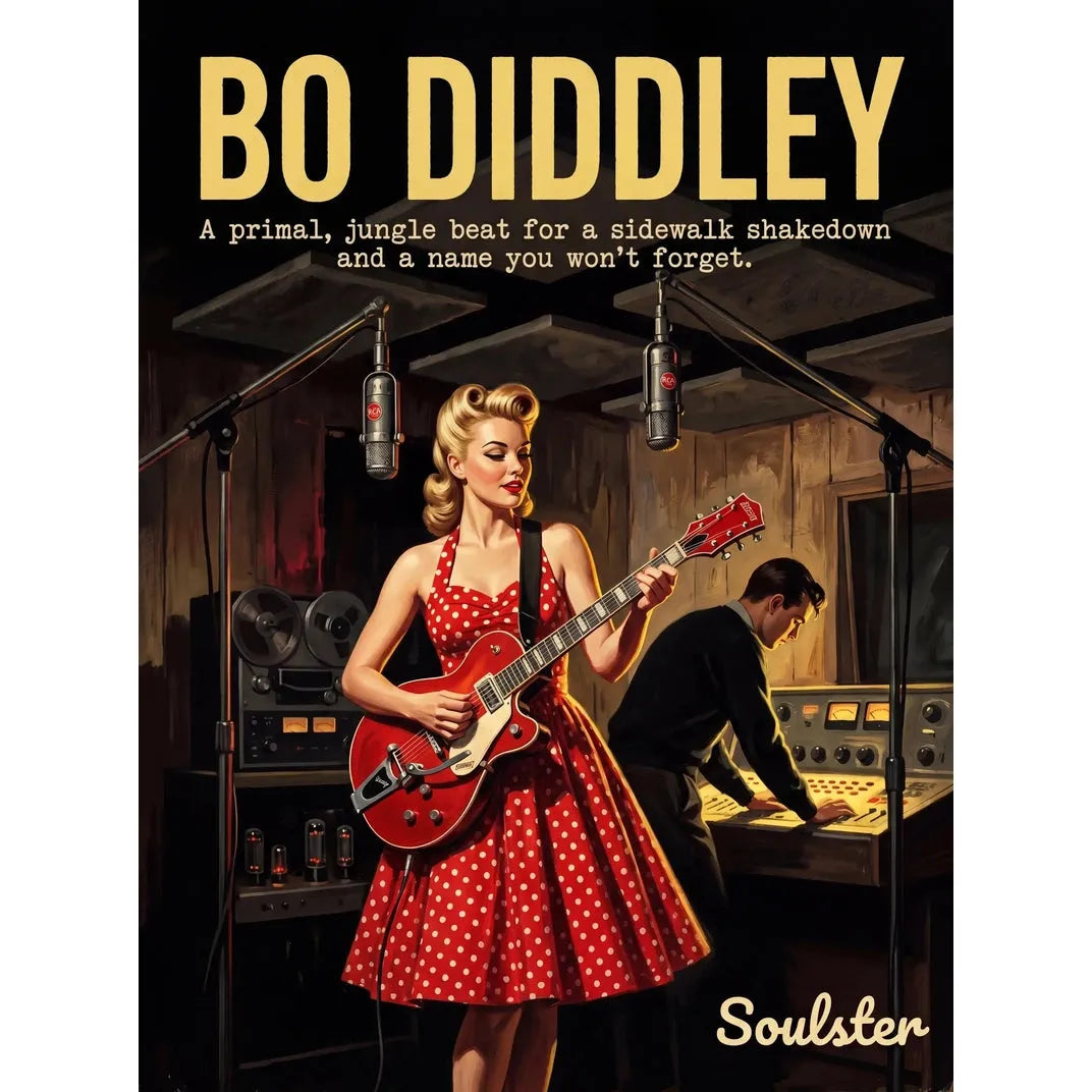 Premium Soulster studio wall art print featuring a mid-century vintage book cover aesthetic inspired by Alternative Indie - Bo Diddley.