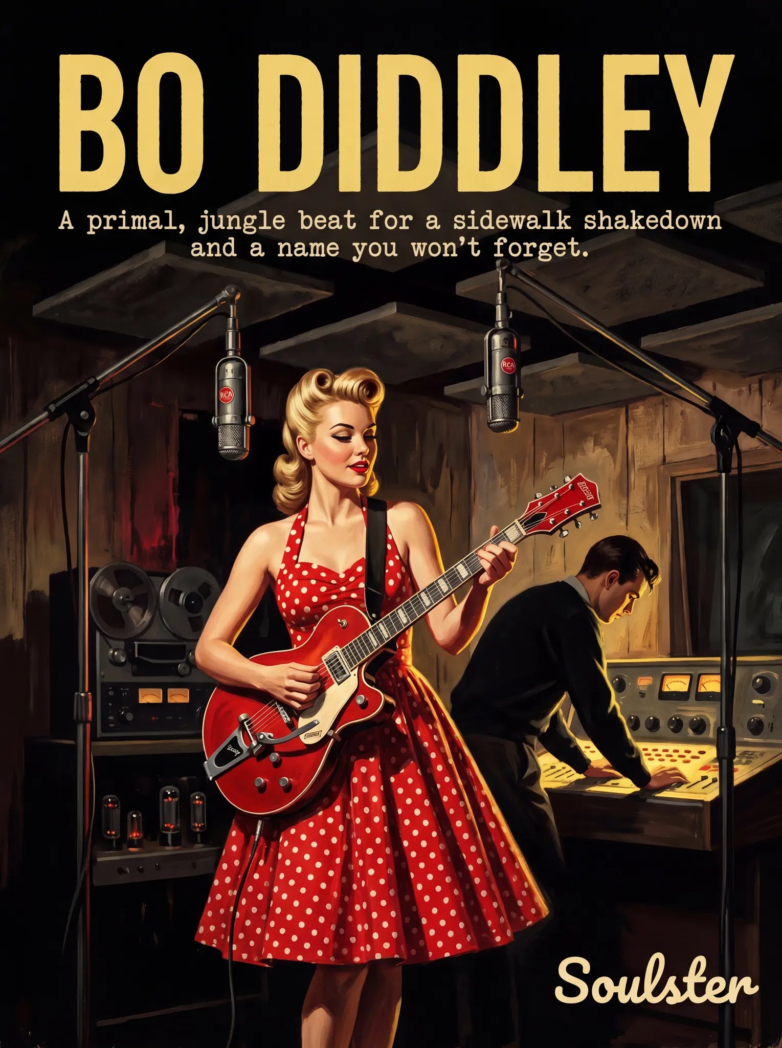 Premium Soulster studio wall art print featuring a mid-century vintage book cover aesthetic inspired by Alternative Indie - Bo Diddley.