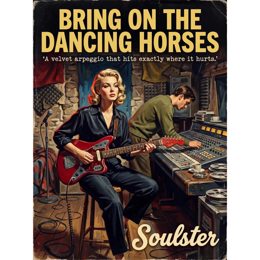 Premium Soulster studio wall art print featuring a mid-century vintage book cover aesthetic inspired by Alternative Indie - Bring On The Dancing Horses.