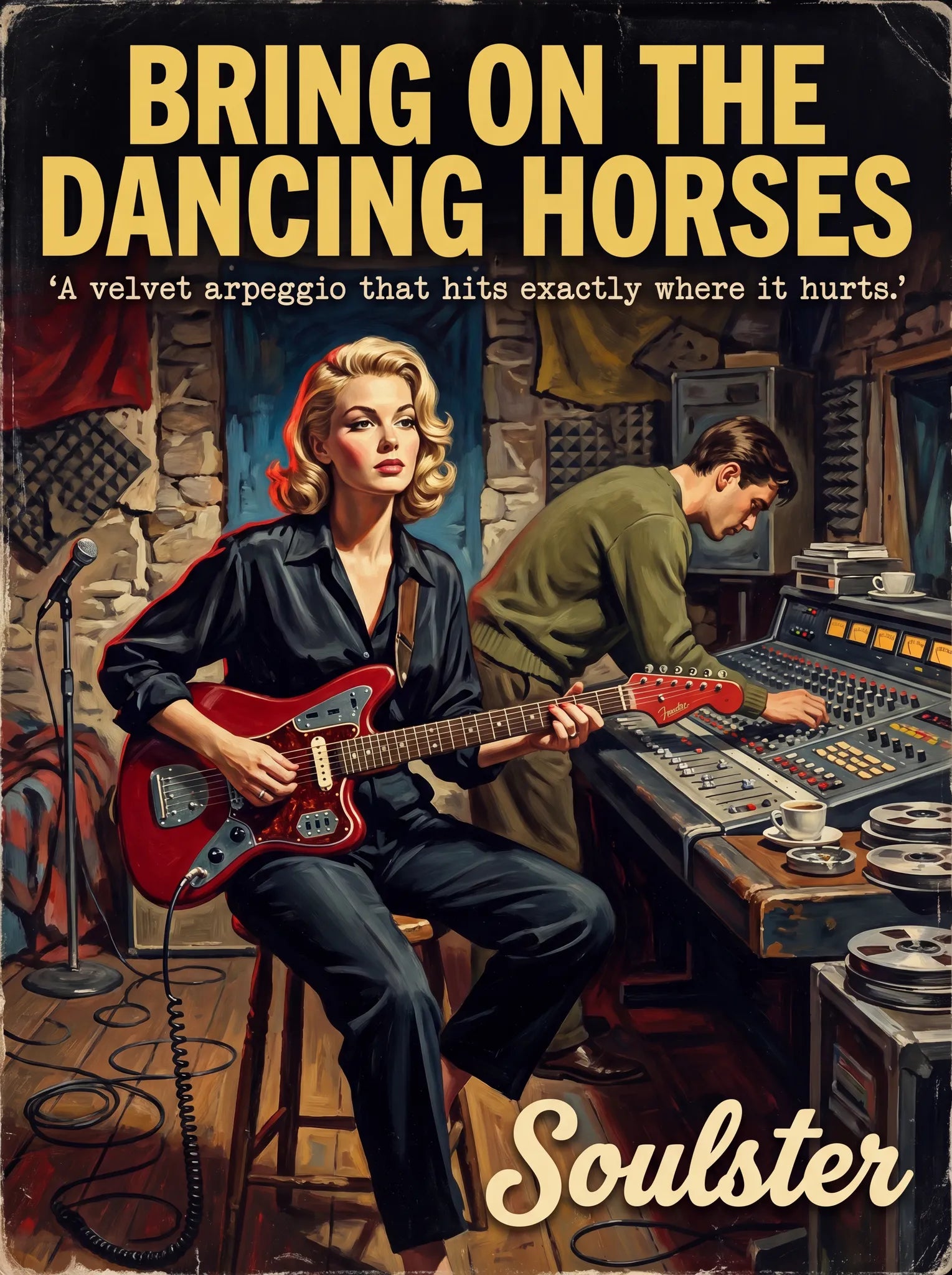 Premium Soulster studio wall art print featuring a mid-century vintage book cover aesthetic inspired by Alternative Indie - Bring On The Dancing Horses.
