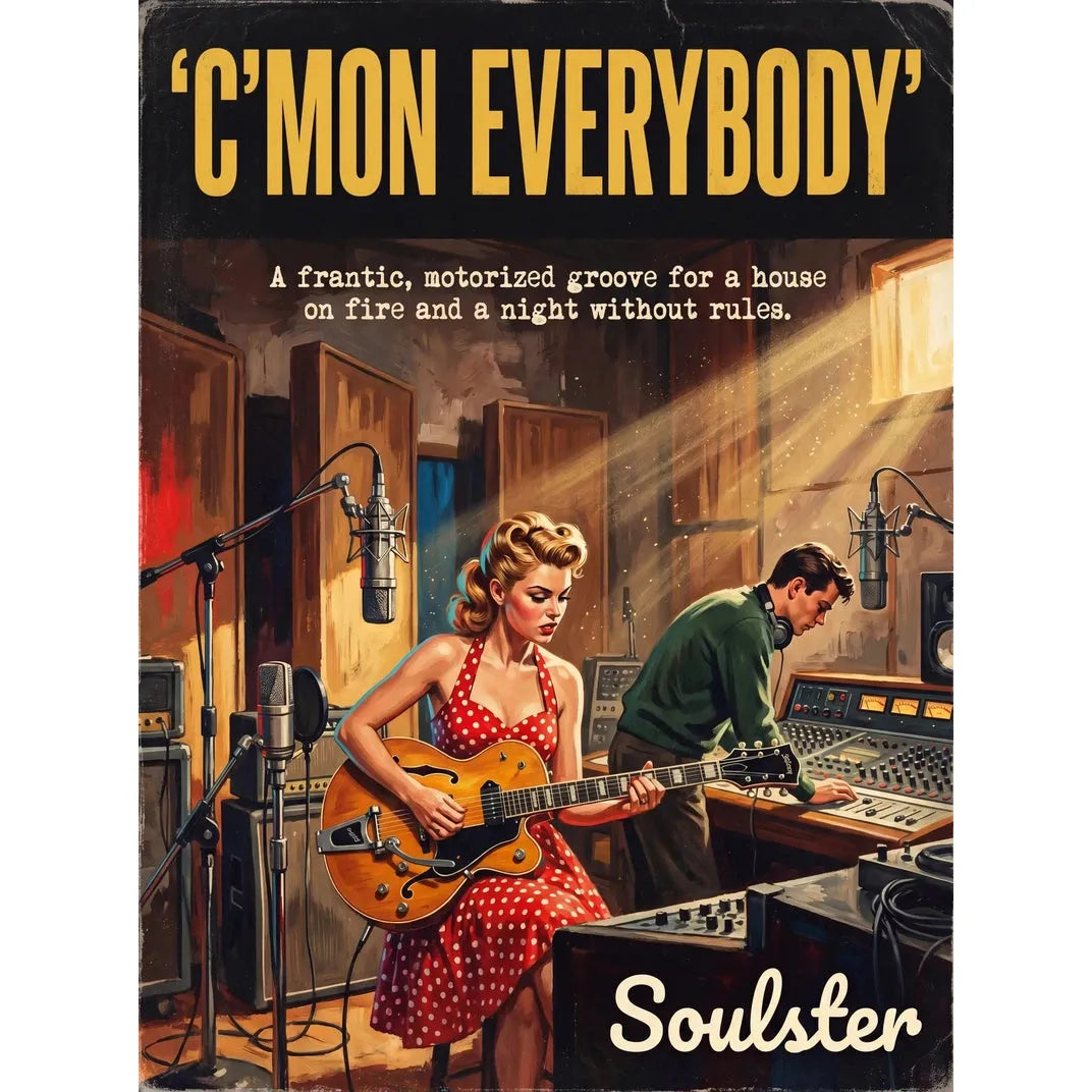 Premium Soulster studio wall art print featuring a mid-century vintage book cover aesthetic inspired by Alternative Indie - C'mon Everybody.