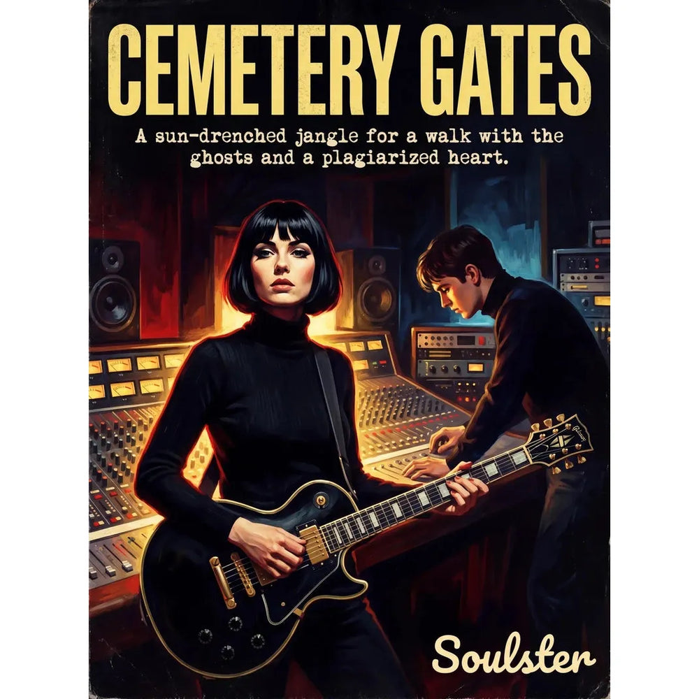 Premium Soulster studio wall art print featuring a mid-century vintage book cover aesthetic inspired by The Smiths - Cemetery Gates.