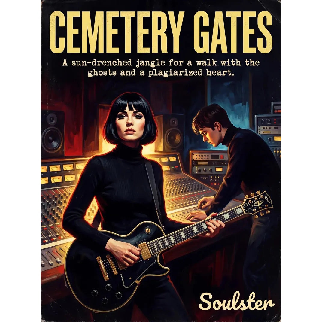 Premium Soulster studio wall art print featuring a mid-century vintage book cover aesthetic inspired by The Smiths - Cemetery Gates.