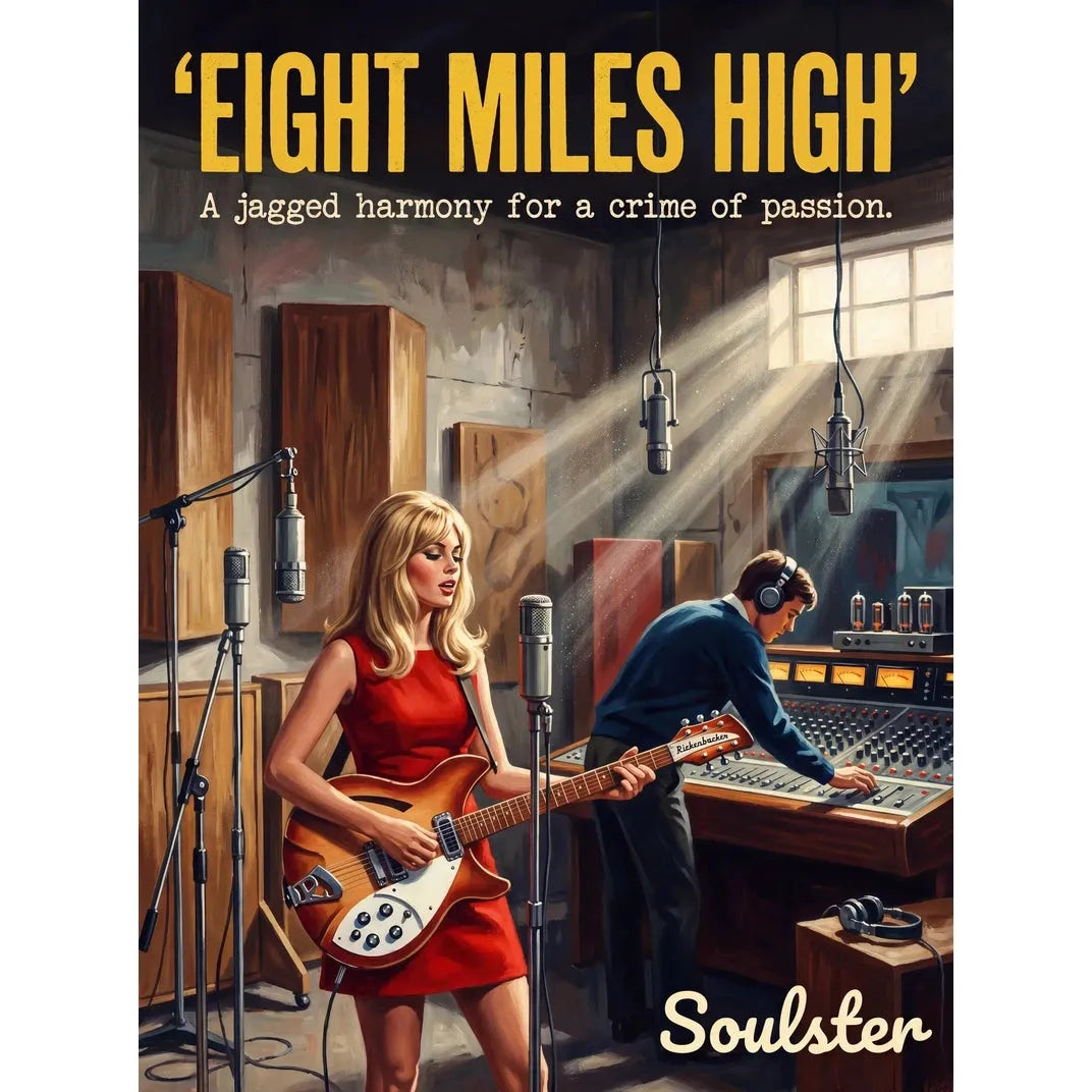 Premium Soulster studio wall art print featuring a mid-century vintage book cover aesthetic inspired by Alternative Indie - Eight Miles High.