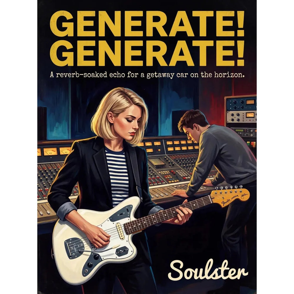 Premium Soulster studio wall art print featuring a mid-century vintage book cover aesthetic inspired by Johnny Marr - Generate! Generate!.