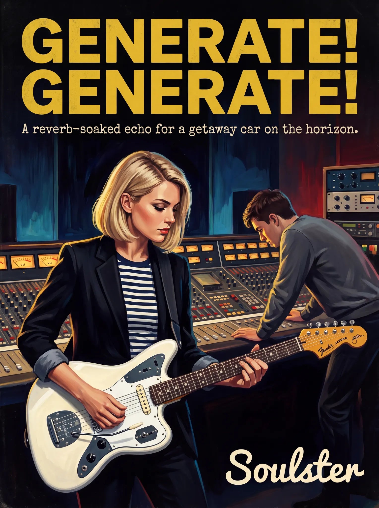 Premium Soulster studio wall art print featuring a mid-century vintage book cover aesthetic inspired by Johnny Marr - Generate! Generate!.