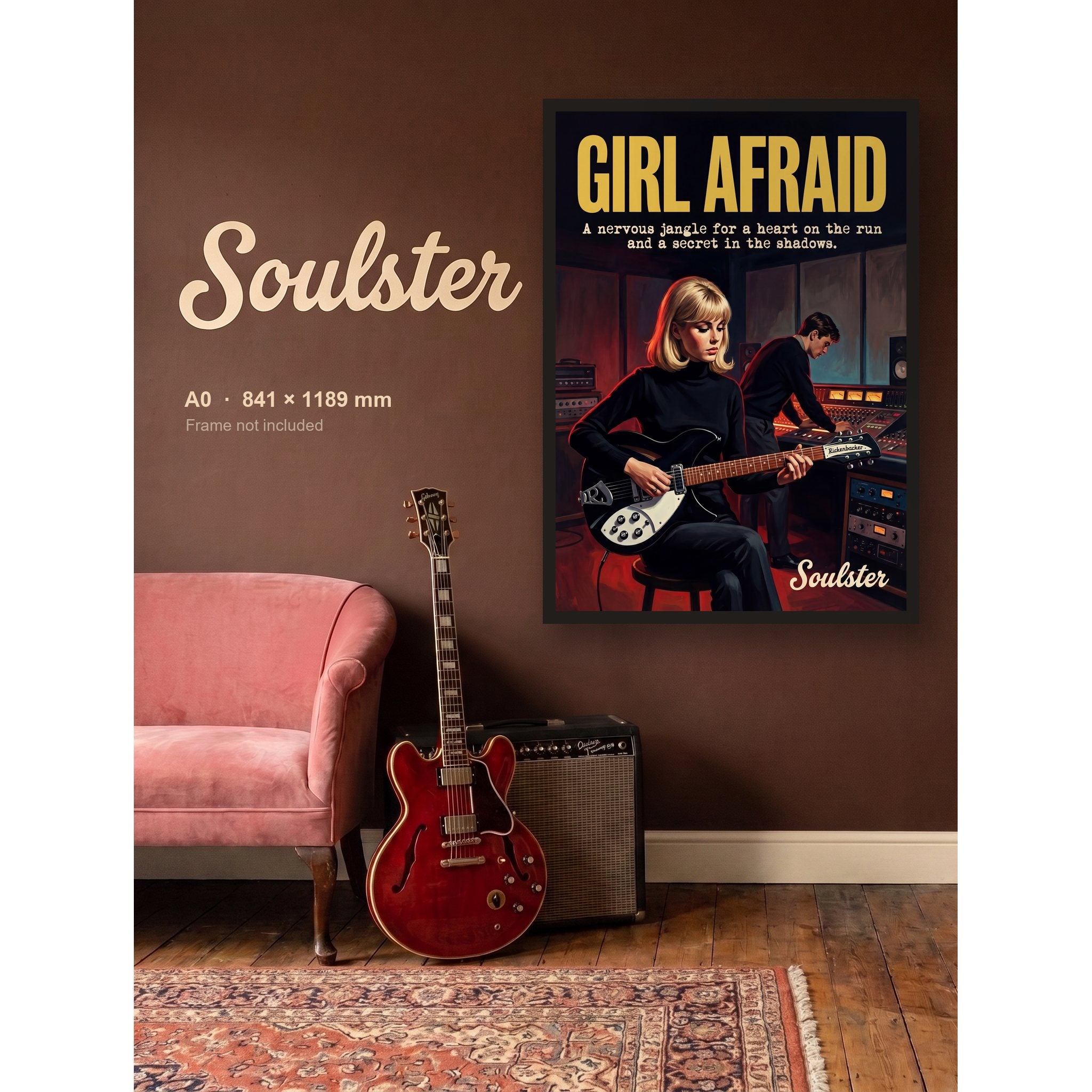 Girl Afraid - Studio Print shown framed on a wall in A0 size. Frame not included.
