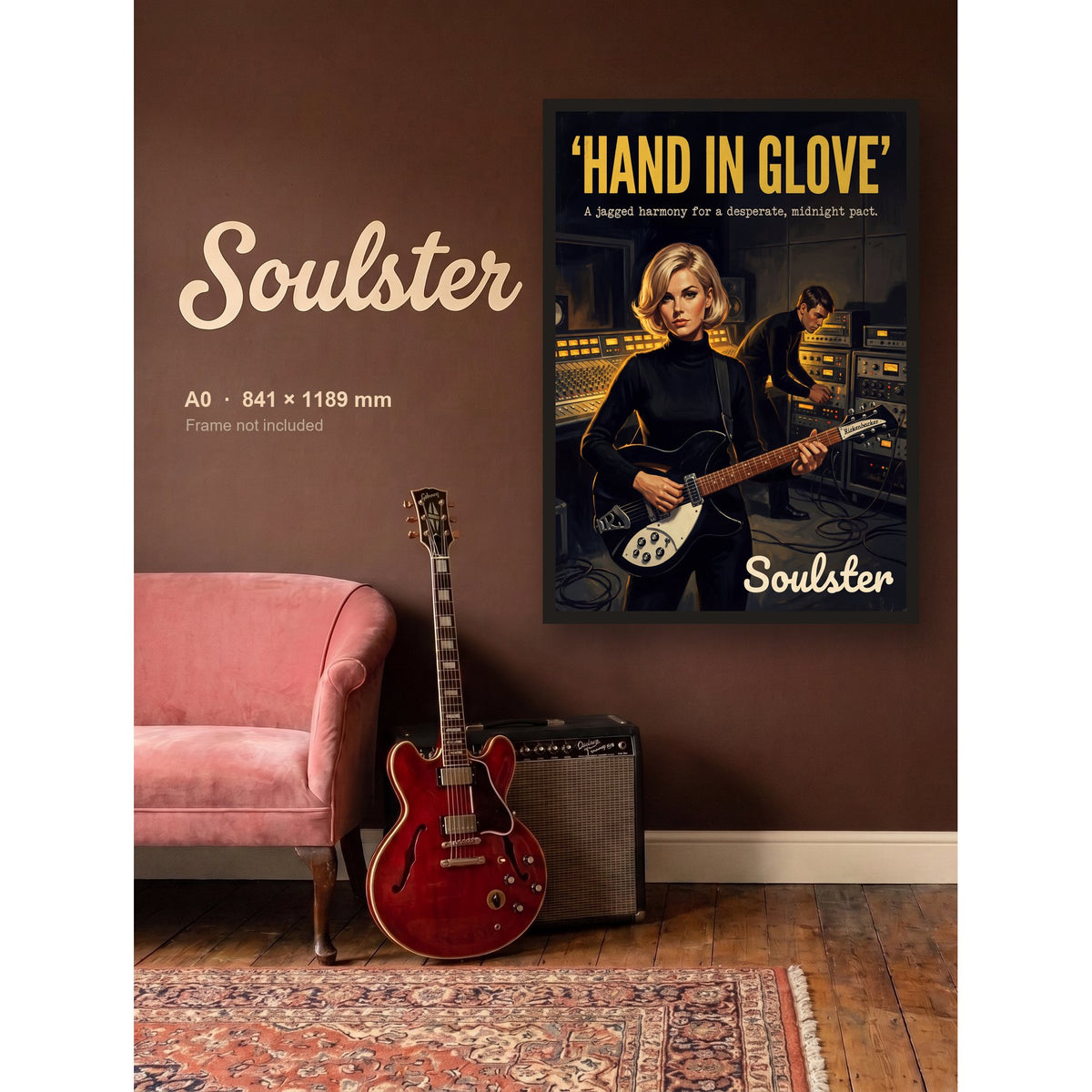 Hand In Glove - Studio Print shown framed on a wall in A0 size. Frame not included.