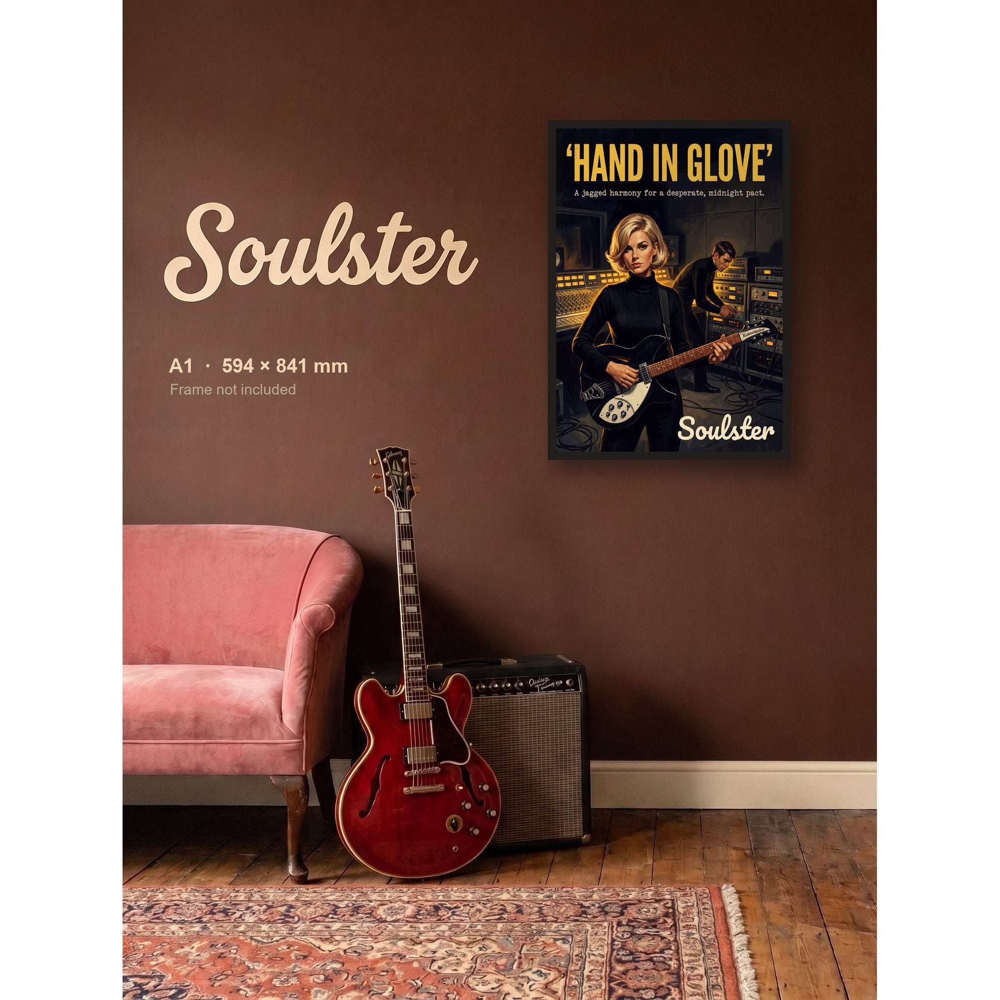 Hand In Glove - Studio Print shown framed on a wall in A1 size. Frame not included.