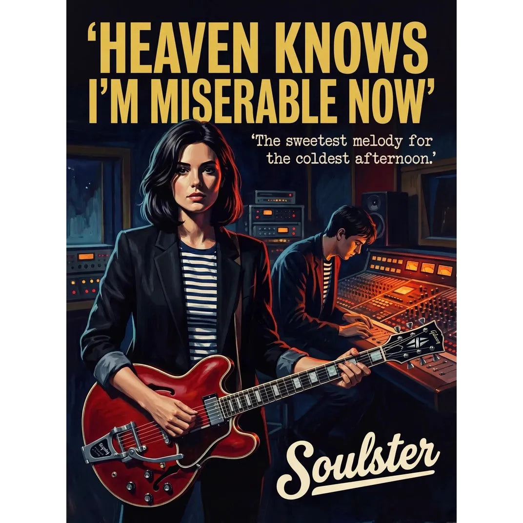 Premium Soulster studio wall art print featuring a mid-century vintage book cover aesthetic inspired by The Smiths - Heaven Knows I'm Miserable Now.