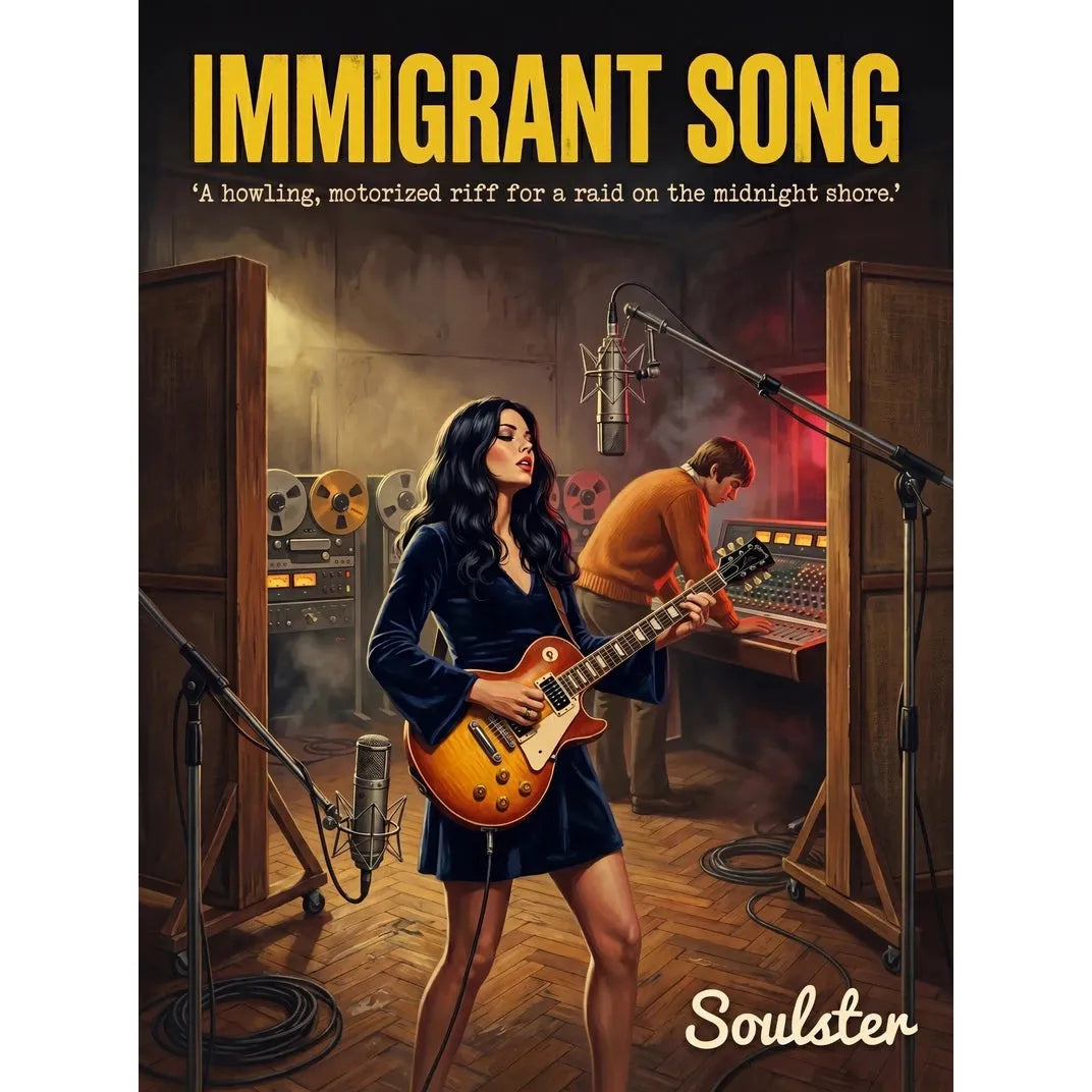 Premium Soulster studio wall art print featuring a mid-century vintage book cover aesthetic inspired by Led Zeppelin - Immigrant Song.
