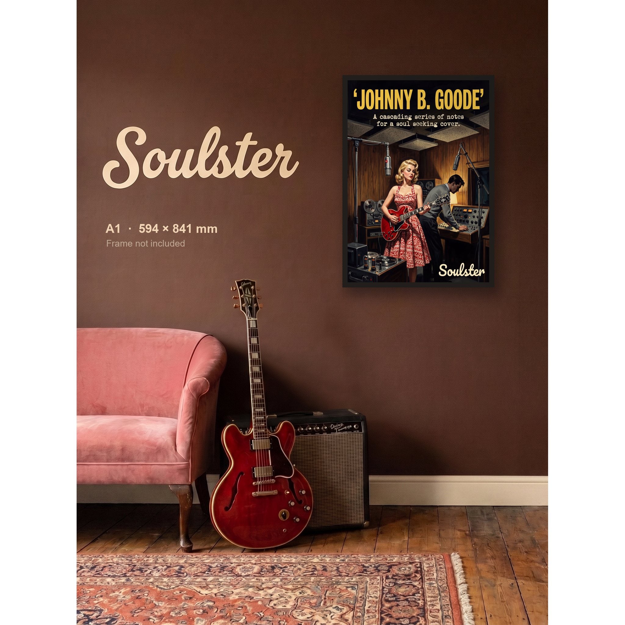 Johnny B. Goode - Studio Print shown framed on a wall in A1 size. Frame not included.