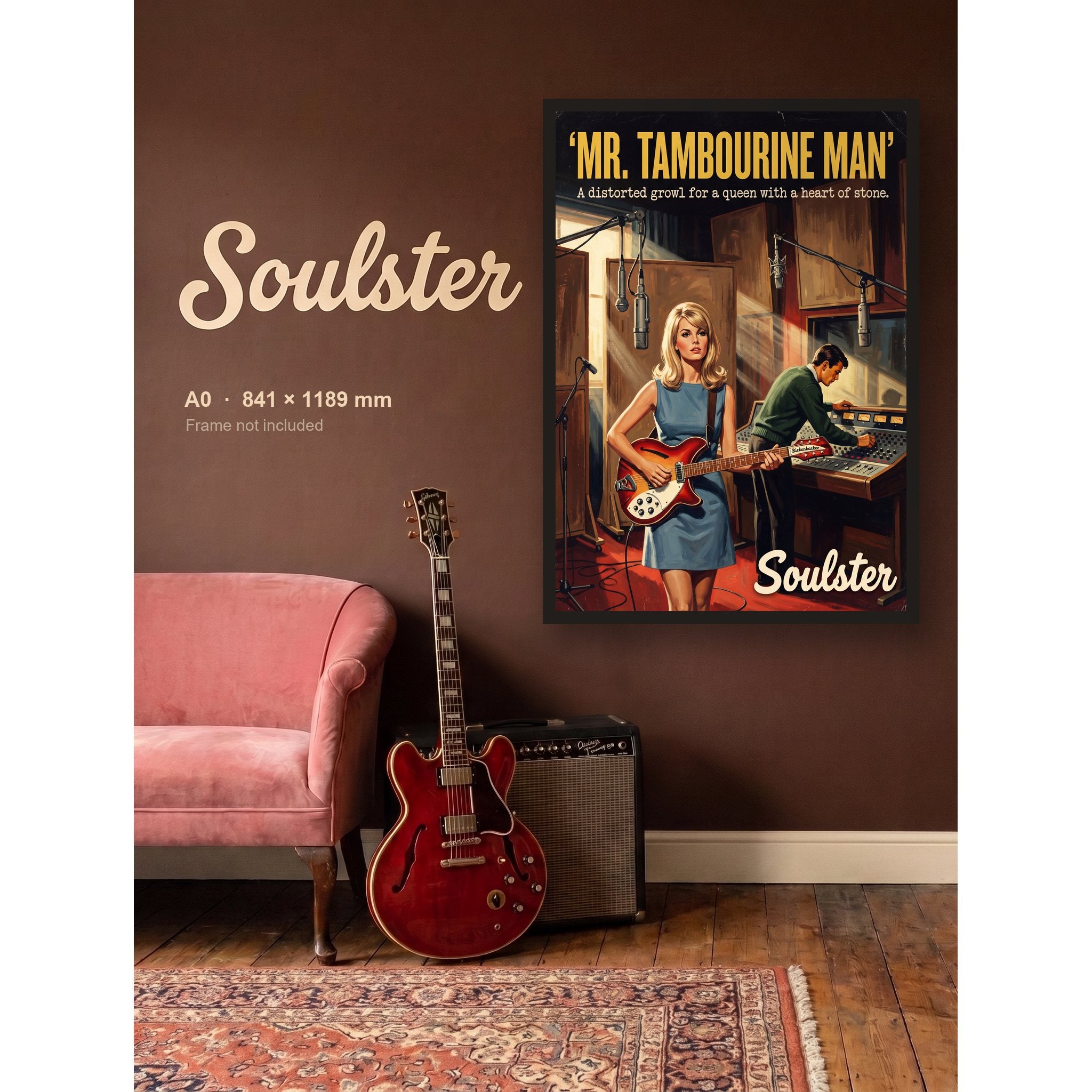 Mr. Tambourine Man - Studio Print shown framed on a wall in A0 size. Frame not included.