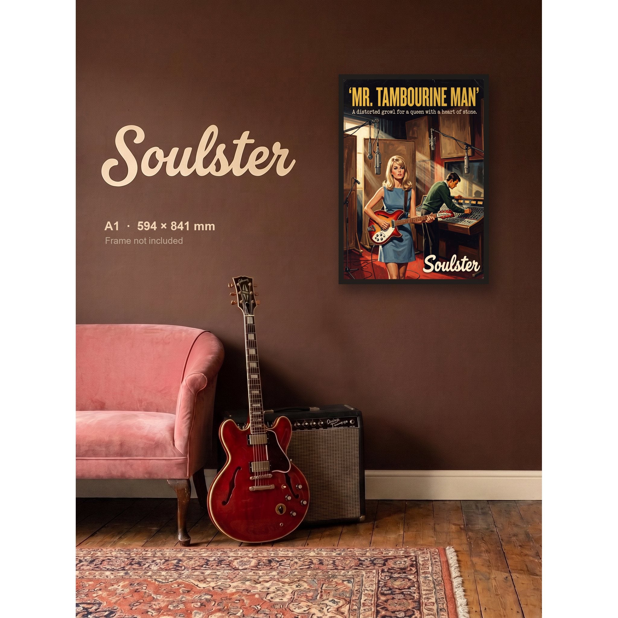 Mr. Tambourine Man - Studio Print shown framed on a wall in A1 size. Frame not included.