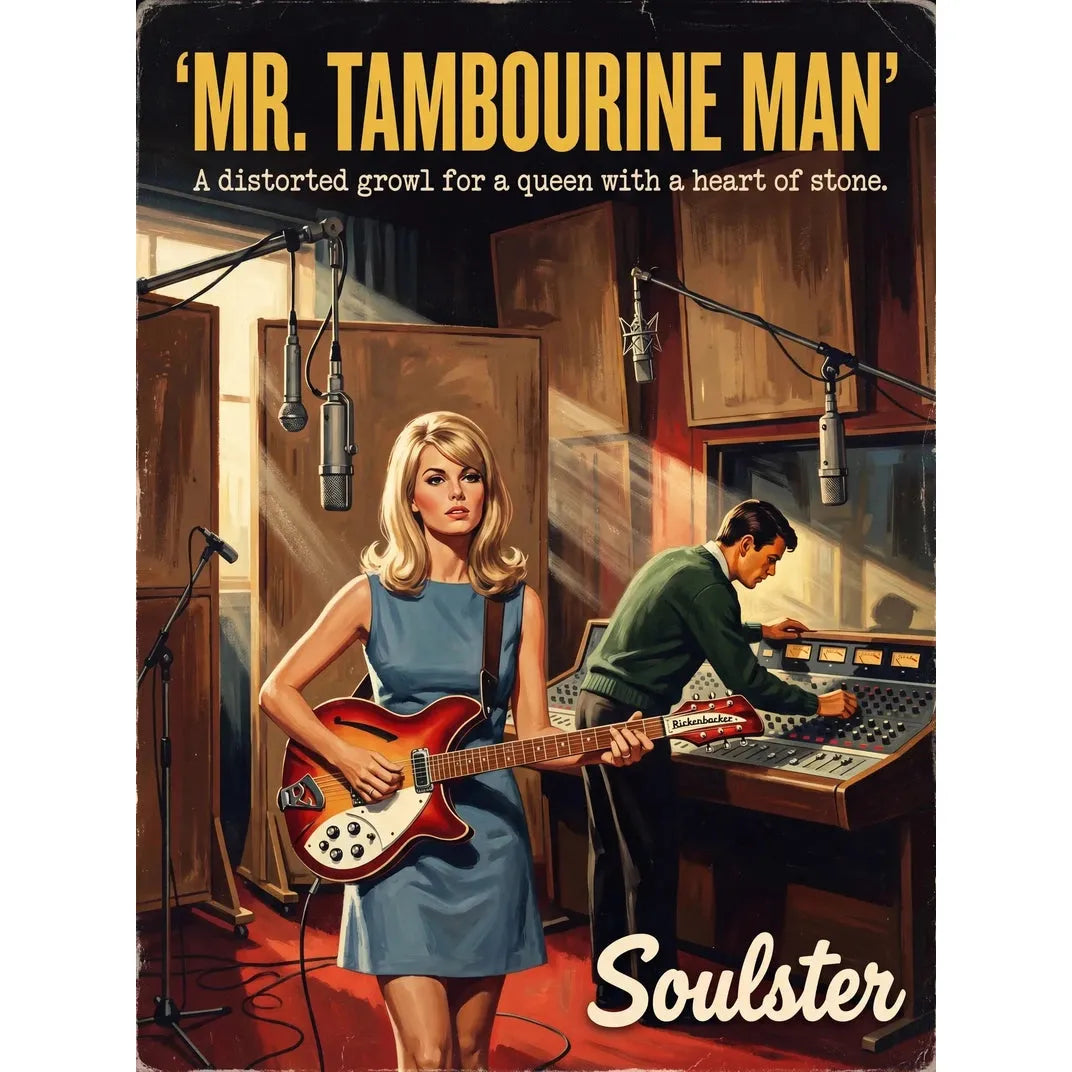 Premium Soulster studio wall art print featuring a mid-century vintage book cover aesthetic inspired by Alternative Indie - Mr. Tambourine Man.