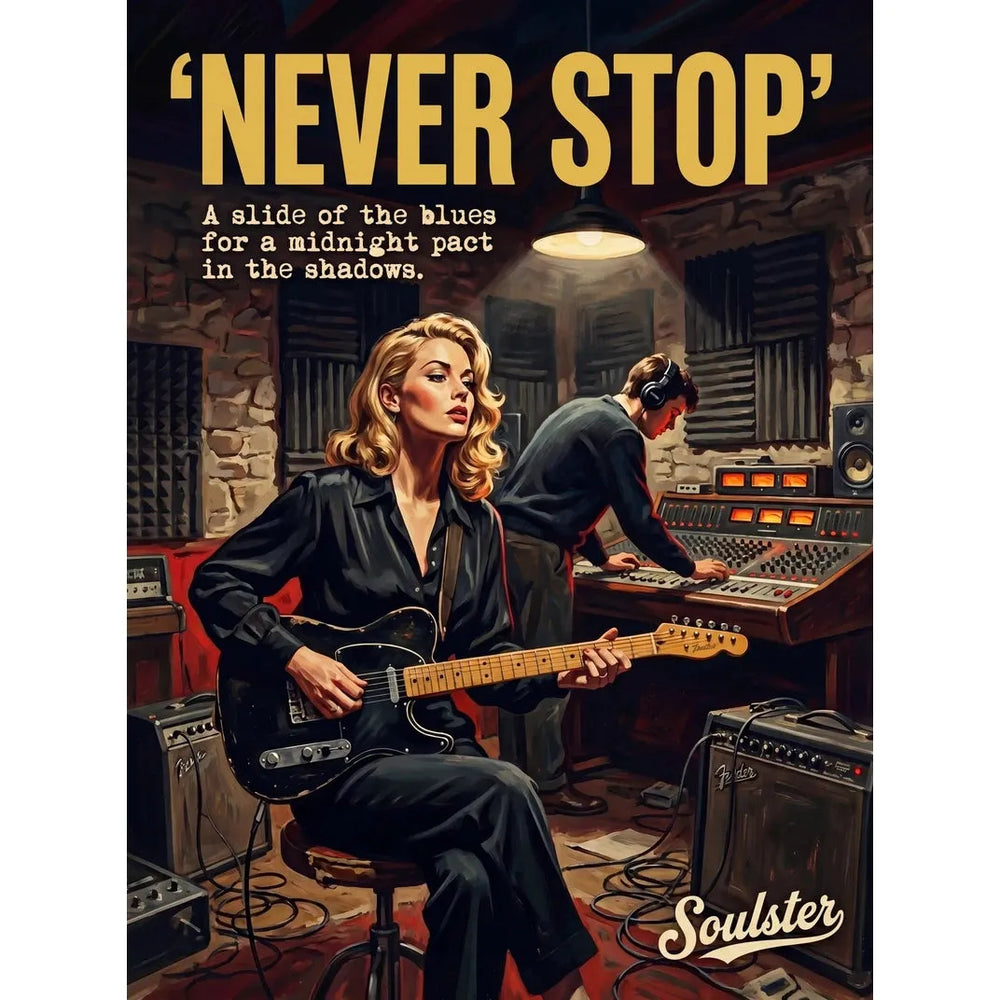 Premium Soulster studio wall art print featuring a mid-century vintage book cover aesthetic inspired by Alternative Indie - Never Stop.