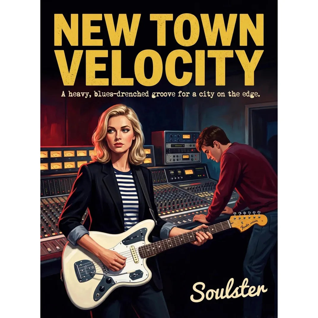 Premium Soulster studio wall art print featuring a mid-century vintage book cover aesthetic inspired by Johnny Marr - New Town Velocity.