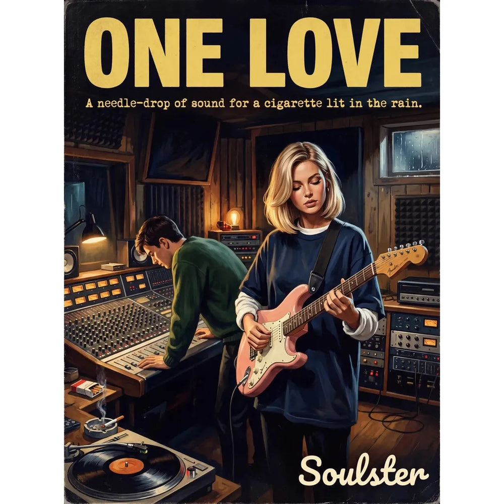Premium Soulster studio wall art print featuring a mid-century vintage book cover aesthetic inspired by The Stone Roses - One Love.